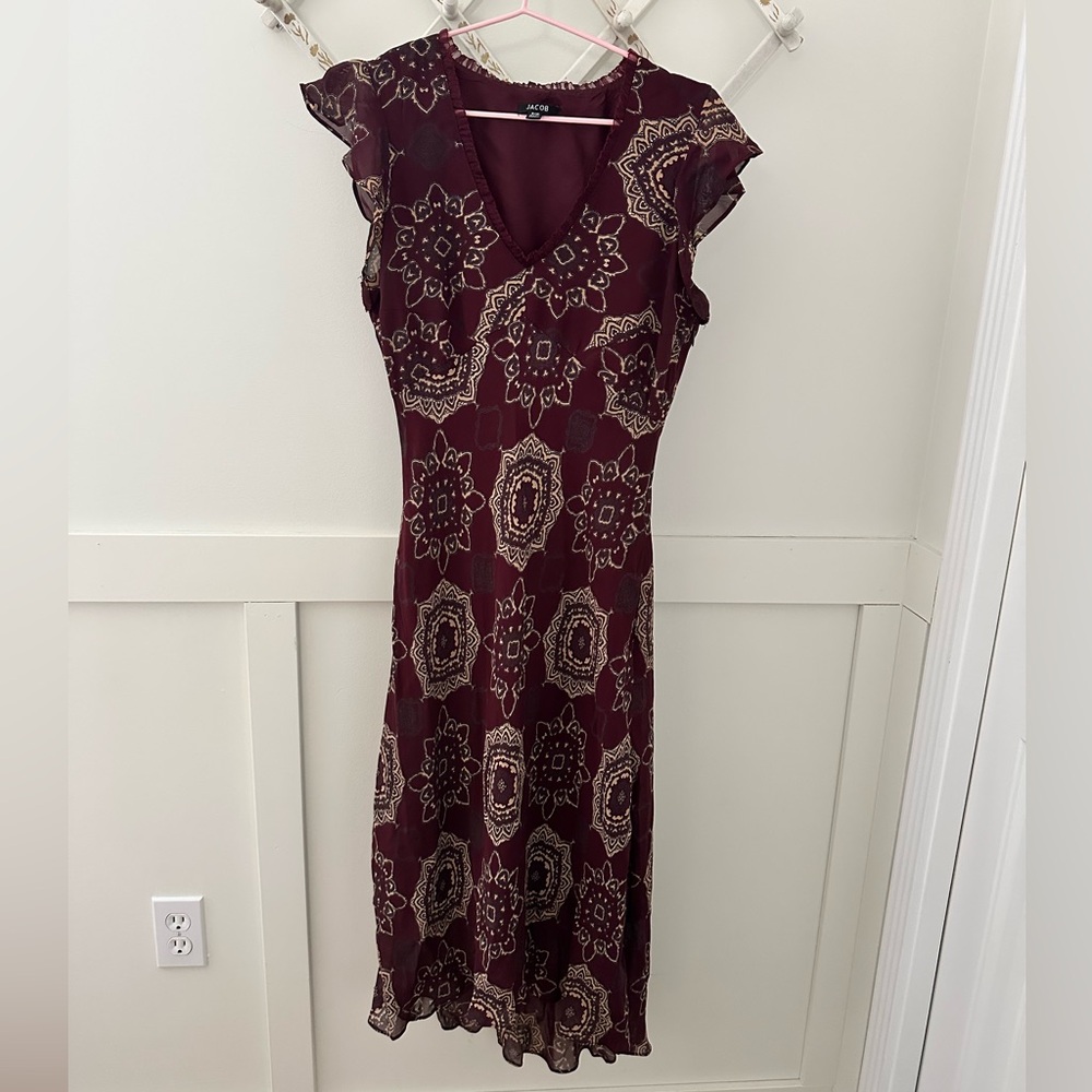 Vintage Y2K Jacob Burgundy Medallion Dress - Size 9/10